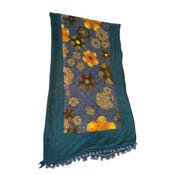 Womens Blue Floral Winter Scarf Pom-Pom Fringe 60 in Cottage Granny Core Boho - Picture 4 of 5